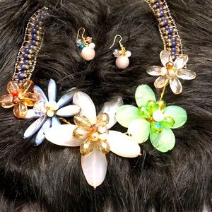 Beaded Floral Statement Necklace & Earrings